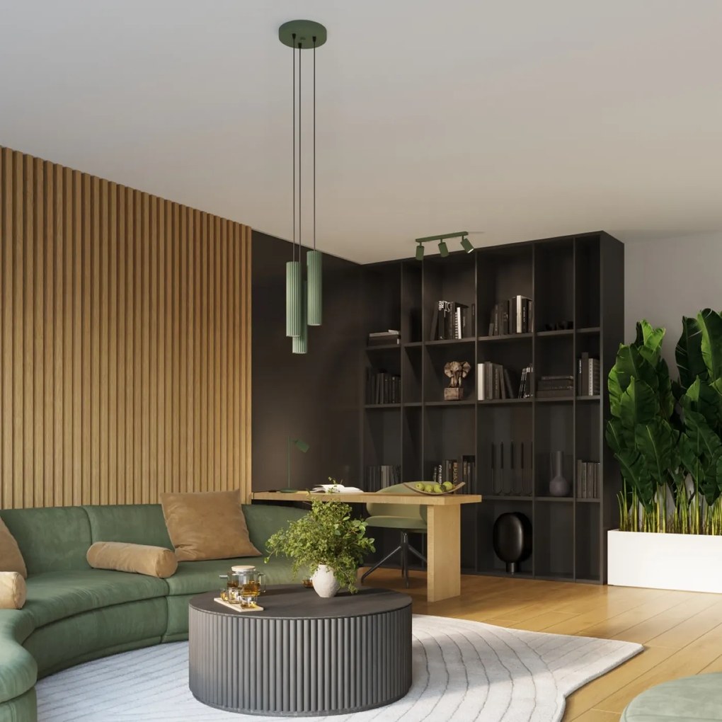 Bodové svietidlo Karbon, 3x olivovo zelené kovové tienidlo, (možnosť polohovania)