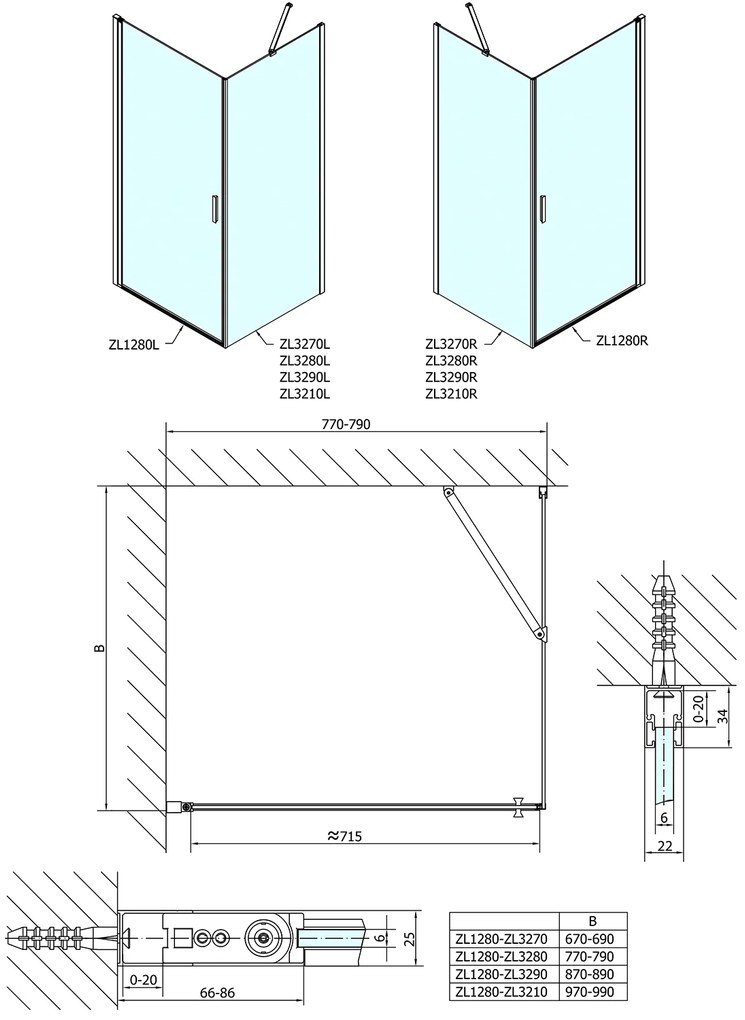 Polysan Polysan, ZOOM obdĺžniková sprchová zástena 800x700mm L/P varianta, ZL1280ZL3270