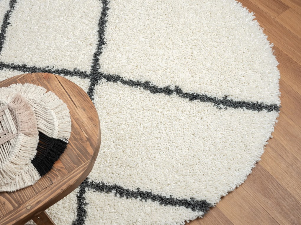 Kusový koberec My Shaggy Raute creme kruh, 150x150 (priemer) kruh, čiernobiela, chodba / predsieň, My Flair