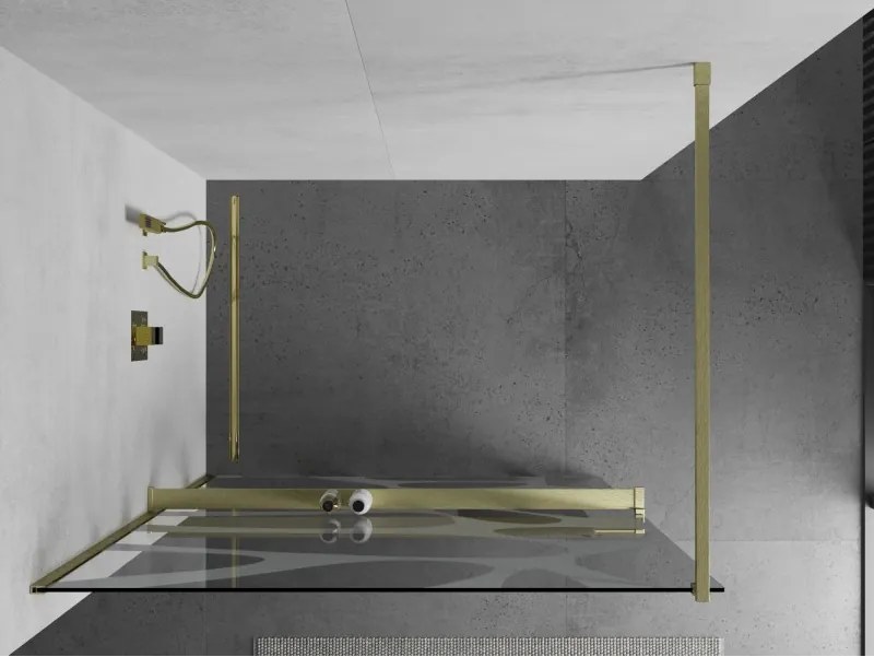 Mexen Kioto+, sprchová zástena Walk-In s poličkou a vešiakom 110 x 200 cm, 8mm číre sklo biely vzor, zlatý matný profil, 800-110-121-55-97