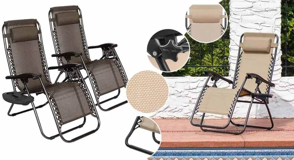 Záhradné ležadlo zero gravity s držiakom na pohár, 2 ks- hnedé