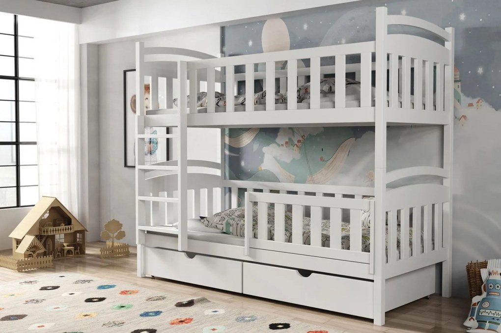 Detská poschodová posteľ z masívu borovice KRISTEN so šuplíkmi - 200x90 cm - BIELA