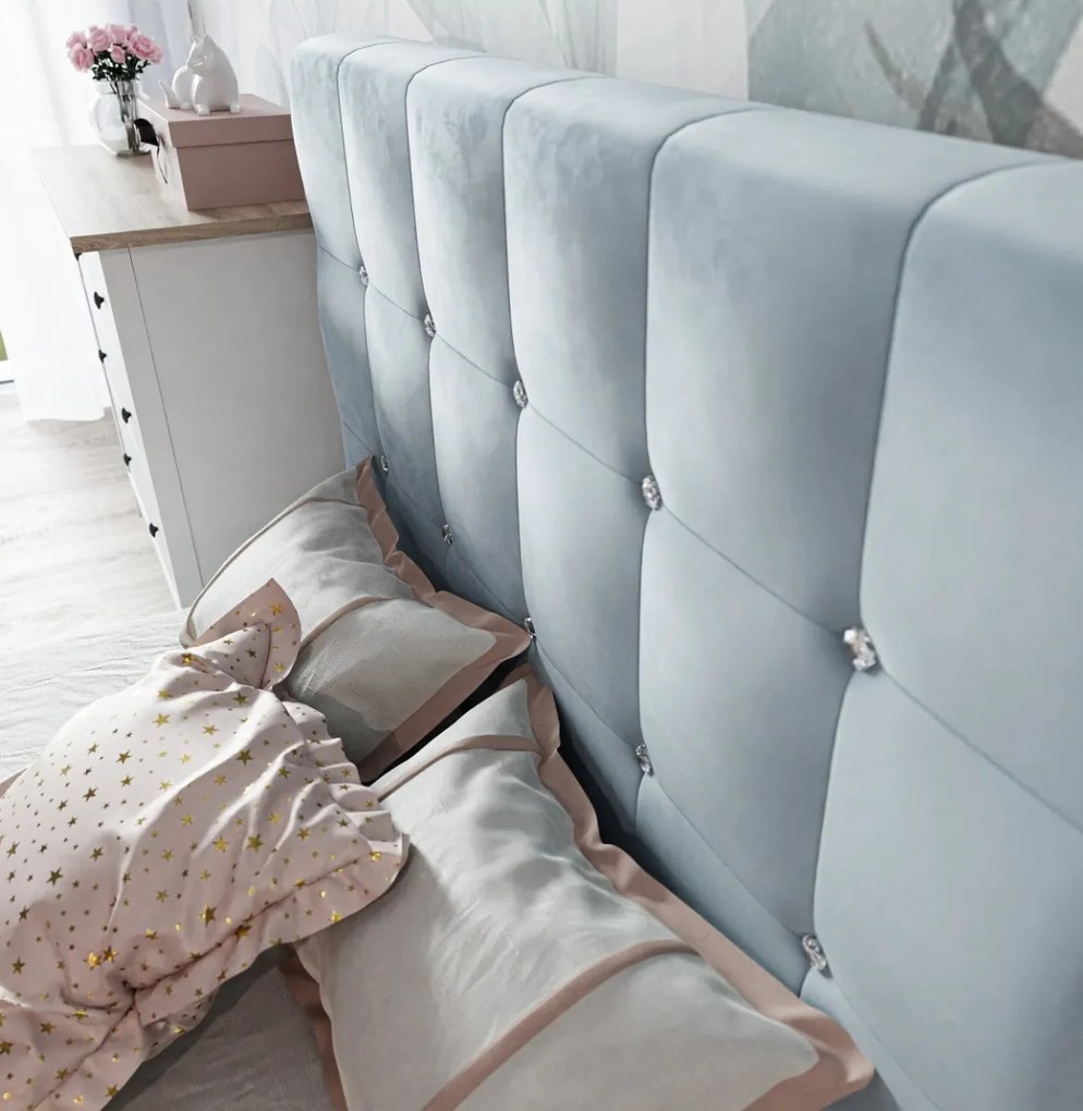 PAULI II 90X200 ČALÚNENÁ JEDNOLÔŽKOVÁ POSTEĽ S ÚLOŽNÝM PRIESTOROM A KRYŠTÁLIKMI