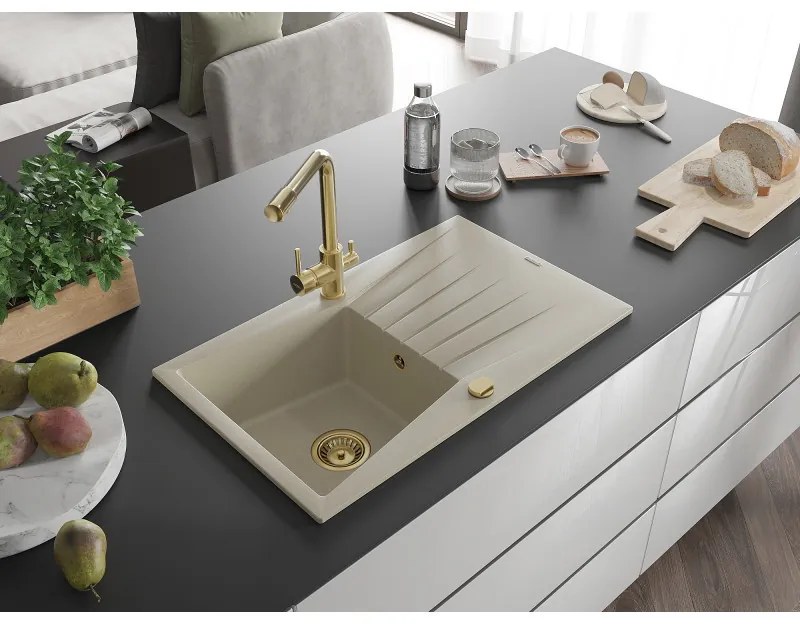 Mexen Cesar, granitový drez 775x470x190 mm, 1-komorový a zlatá batéria Duero, béžová, 6514-69-671600-50