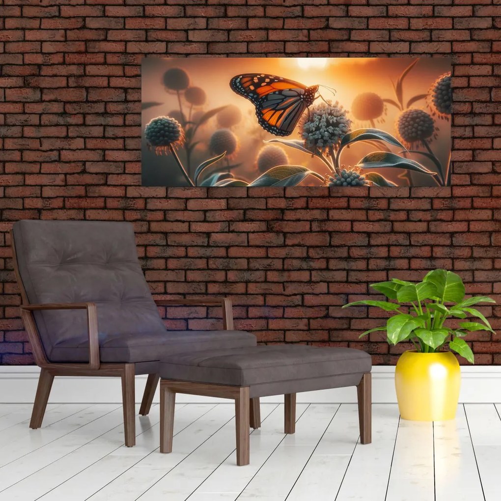 Obraz – Motýľ v zapadajúcom slnku (120x50 cm)