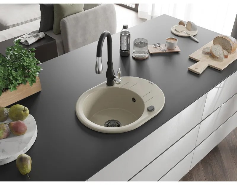 Mexen Kevin, granitový drez 586x458x190 mm, 1-komorový a drezová batéria Savita, béžová, 6517-69-672601-70