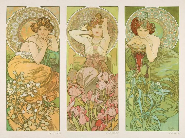 Obrazová reprodukcia Topaz, Amethyst & Emerald (Three Beautiful Art Nouveau Ladies) - Alphonse / Alfons Mucha, (40 x 30 cm)