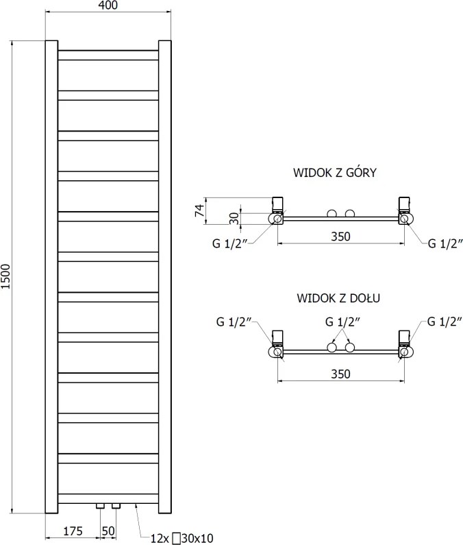 Mexen Bolt, vykurovacie teleso 1500 x 400 mm, 342 W, spodné a stredové, čierna, W126-1500-400-00-70
