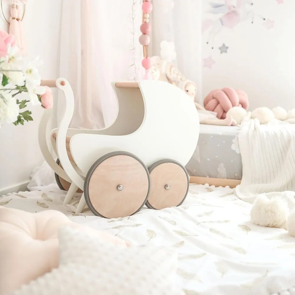 Drevený kočík pre bábiky a nácvik chôdze biela