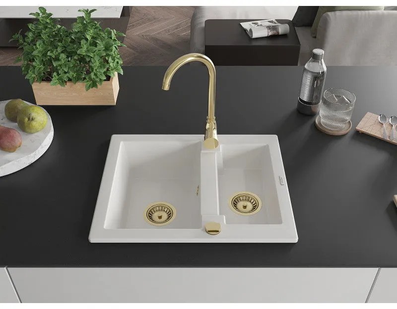 Mexen Carlos, granitový drez 582x475x177 mm, 1,5-komorový, biela so zlatým sifónom, 6518581500-20-G