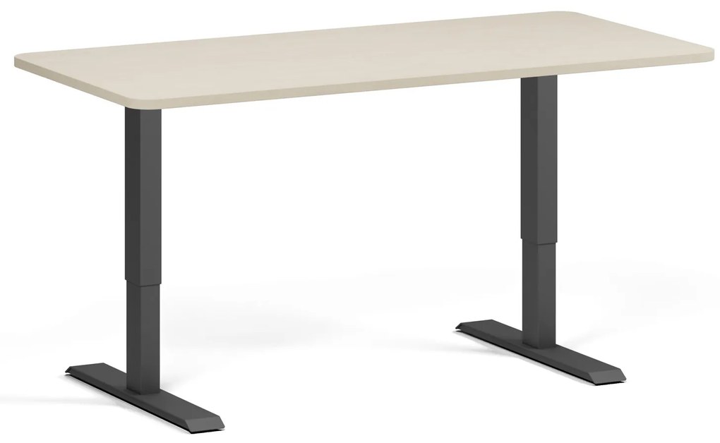 Výškovo nastaviteľný stôl, 160x80 cm, 2 motory, zaoblené rohy, čierna podnož, breza