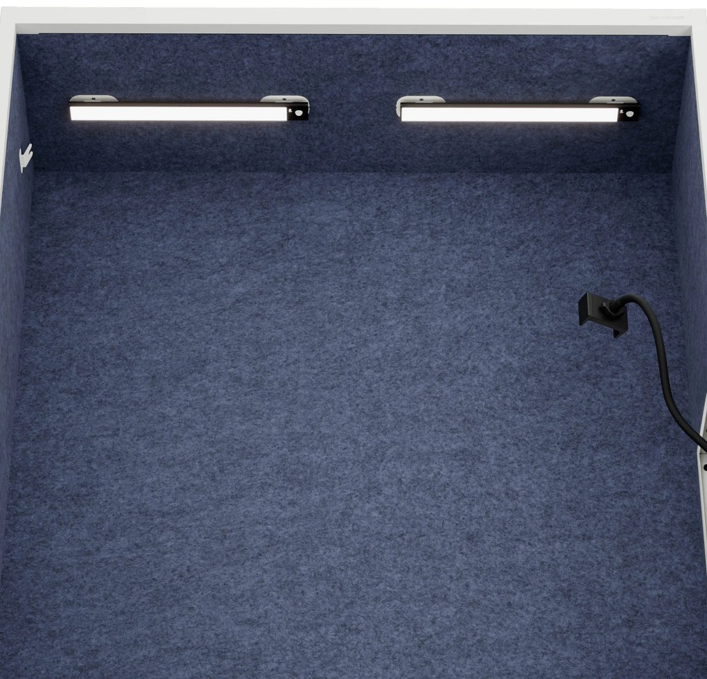 Kancelárska akustická kabína so sedadlom a portom USB-C, telo v biely / sedák tmavomodrá v zelenej farbe, 1150 mm: SALLY MentalBox
