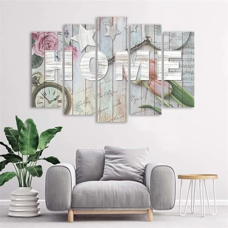 Obraz na plátně pětidílný Domů Nápis na dřevo Květiny - 100x70 cm