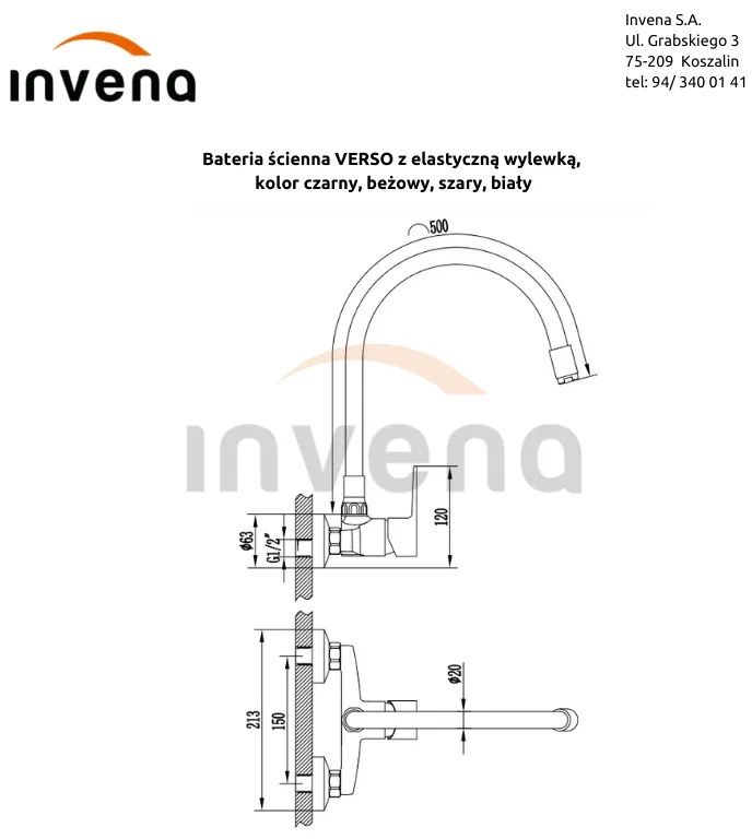 Invena Verso, nástenná kuchynská batéria 150mm s elastickým ramenom, čierna matná, INV-BC-82-E44-L