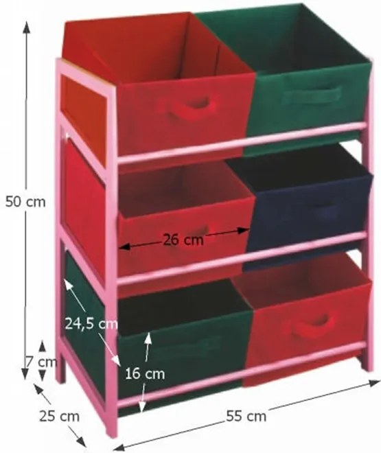 Viacúčelová komoda s úložnými boxami z látky, ružový rám/farebné boxy, COLOR 96