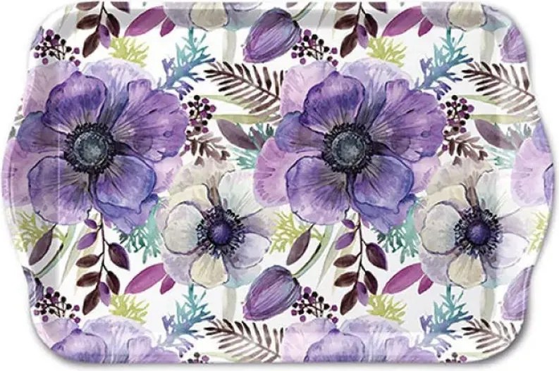 Biela melamínová tácka s fialovými sasankami Purple Dream - 13*21 cm