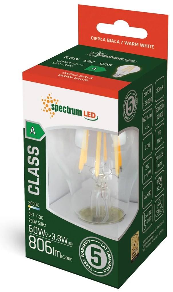 Spectrum Spectrum, LED teplá žiarovka GLS COG E-27 3,8W WOJ+14639, OSW-05785