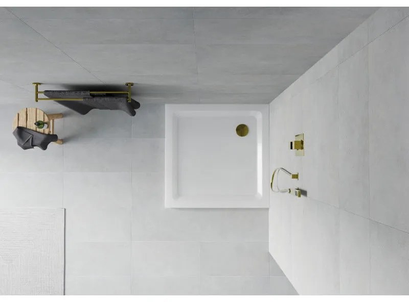 Mexen SLIM - Štvorcová sprchová vanička 90x90x5cm + zlatý sifón, biela, 40109090G