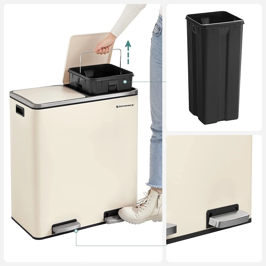 Kovový pedálový odpadkový kôš 2 x 30 L, vzduchotesný, krémovo biely