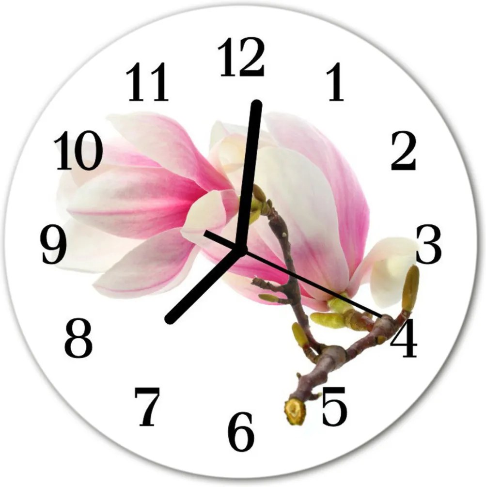 Sklenené hodiny okrúhle  Magnolia kvetina