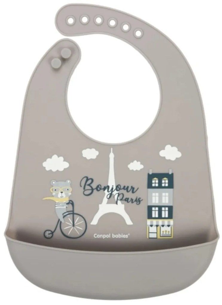 Canpol babies Silikónový podbradník s vreckom, Bonjour Paris - sivý