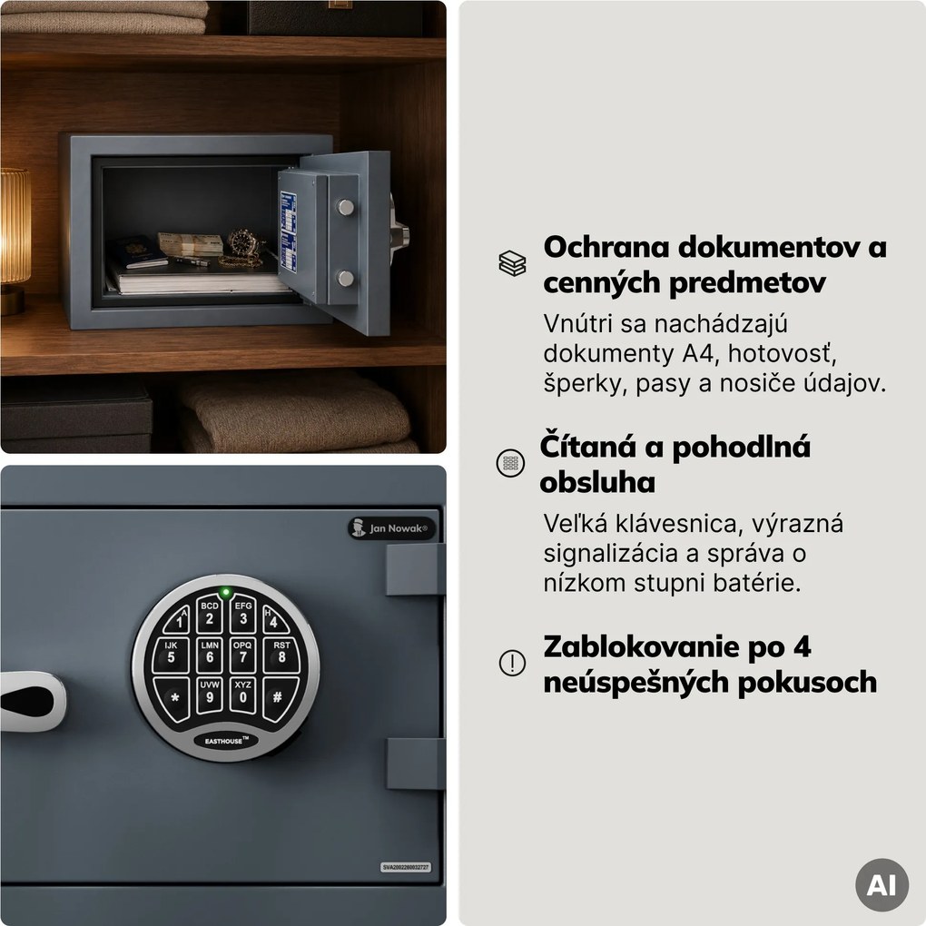 Trezor S2 bezpečnostný, ohňovzdorný, elektronický na kód, na dokumenty, 400x280x340 mm: EDGAR
