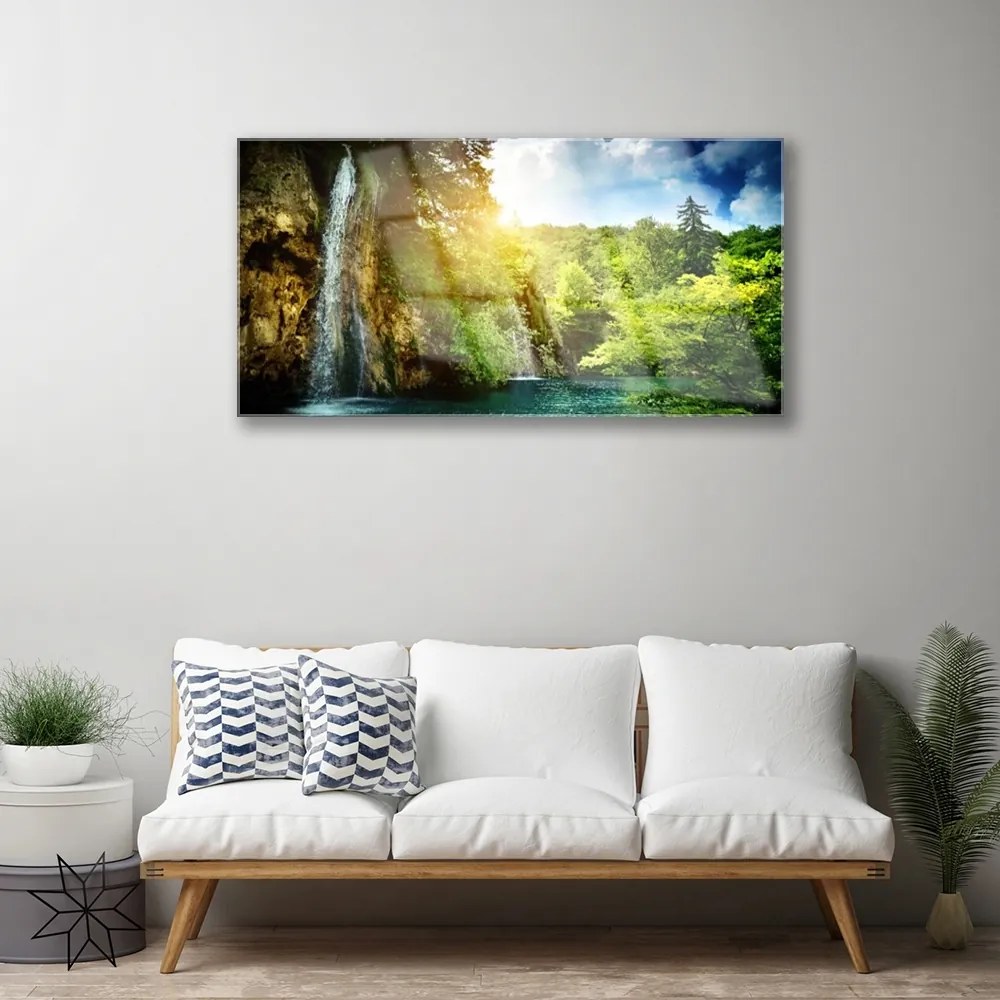 Obraz na skle Vodopád stromy príroda 120x60 cm