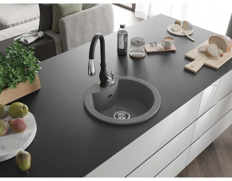 Mexen Diego, 1-komorový granitový drez 488x488x167 mm a drezová batéria Savita, šedá, 6512-71-672601-70