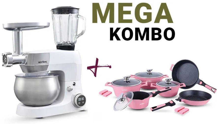 MEGAKOMBO Multifunkčný kuchynský robot BestBerg BBR-1900P + 14dielna sada riadu s mramorovým povrchom BestBerg BBN-1014P / ružová