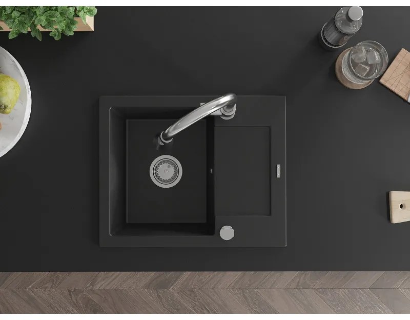 Mexen Enzo, 1-komorový granitový drez 576x465x174 mm a drezová batéria Elia, čierna, 6506-77-670101-00