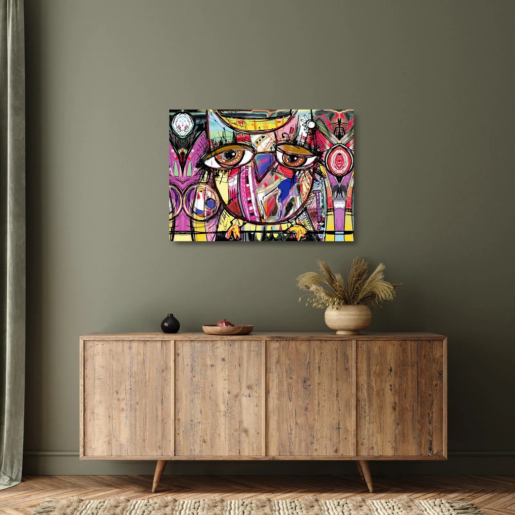 Sklenený obraz - Street art - sova (70x50 cm)