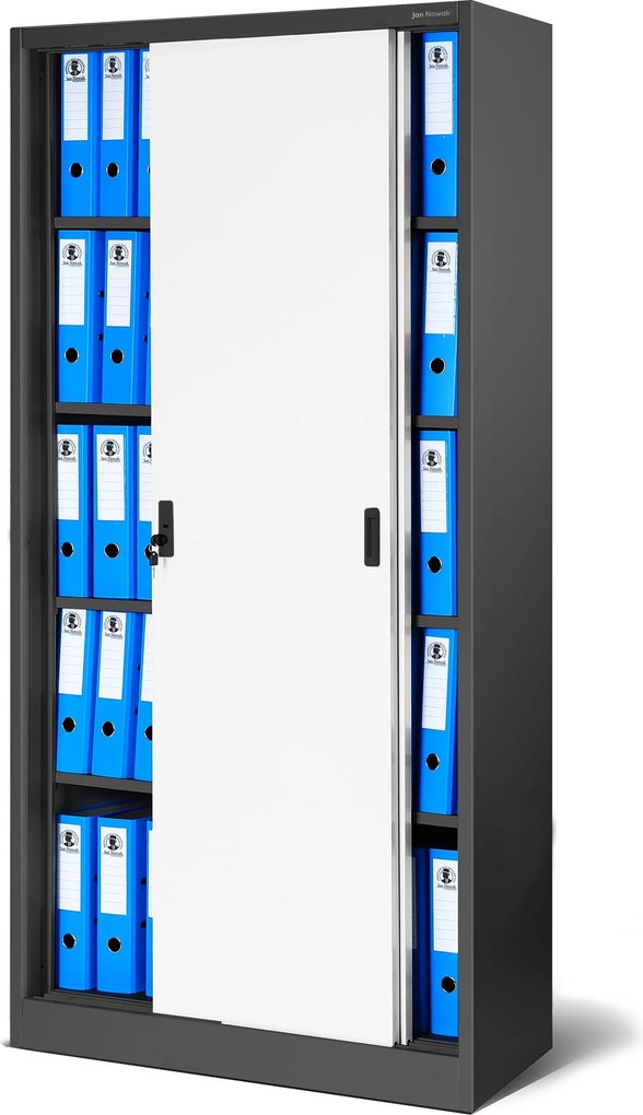 Kovová spisová policová skriňa s posuvnými dverami KUBA, 900 x 1850 x 400 mm, antracitovo-biela