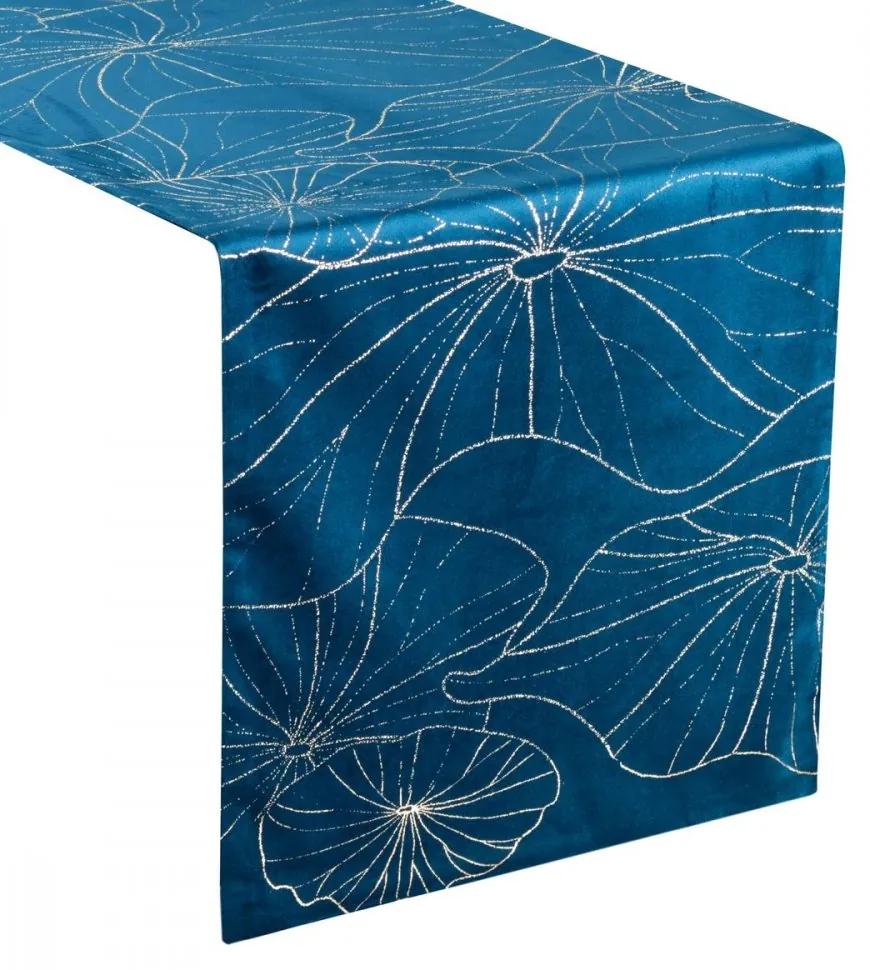 Zamatový stredový obrus modrej farby s kvetinovou potlačou Šírka: 35 cm | Dĺžka: 180 cm