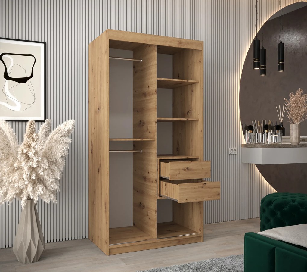 Šatníková skriňa 100 cm Milain (dub artisan). Akcia -21%. Vlastná spoľahlivá doprava až k Vám domov. 1125989