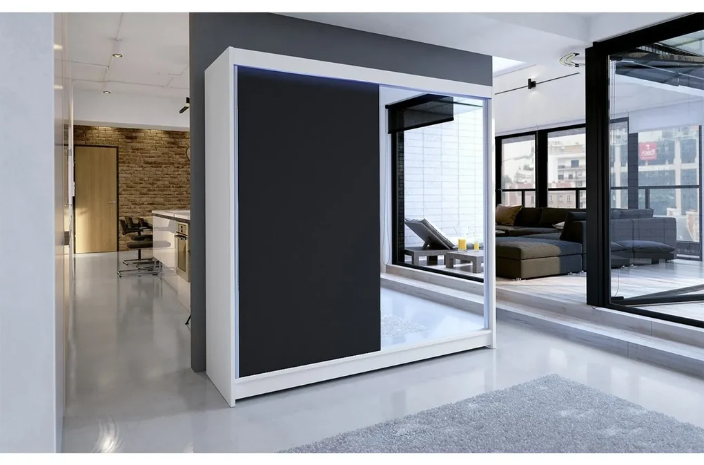 Šatníková skriňa s posuvnými dverami Bar I, Farby: biela / čierna, Osvetlenie: osvetlenie LED RGB - farebné