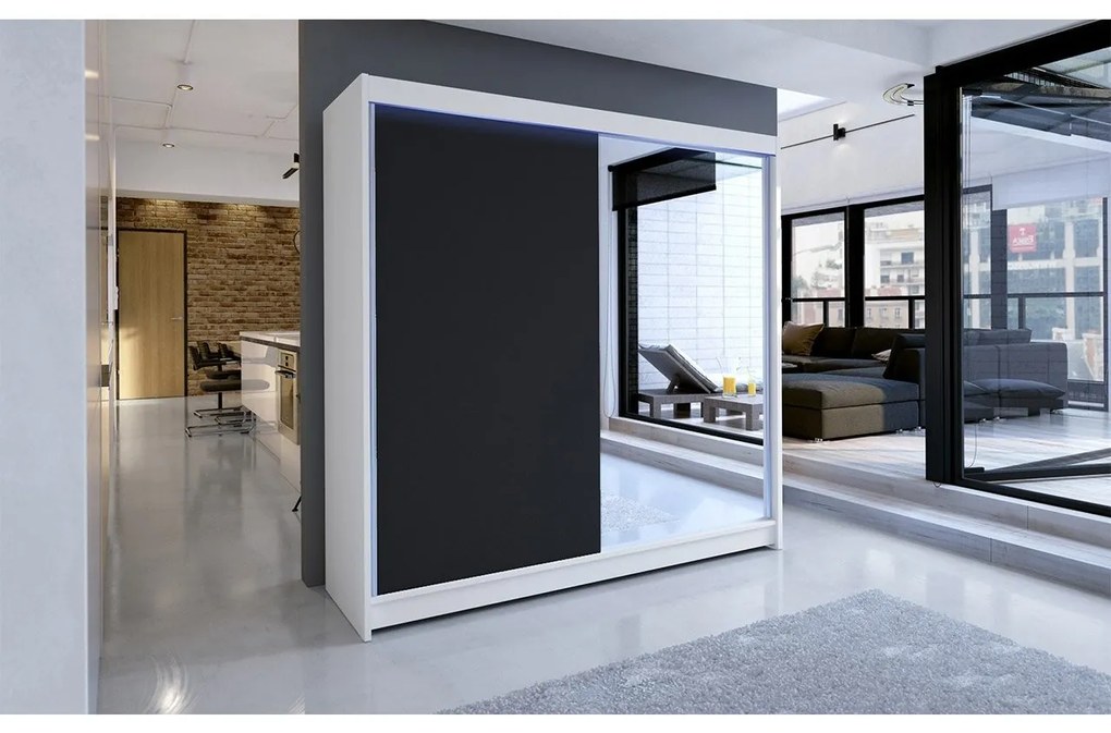Šatníková skriňa s posuvnými dverami Bar I, Farby: biela / sonoma, Osvetlenie: osvetlenie LED RGB - farebné