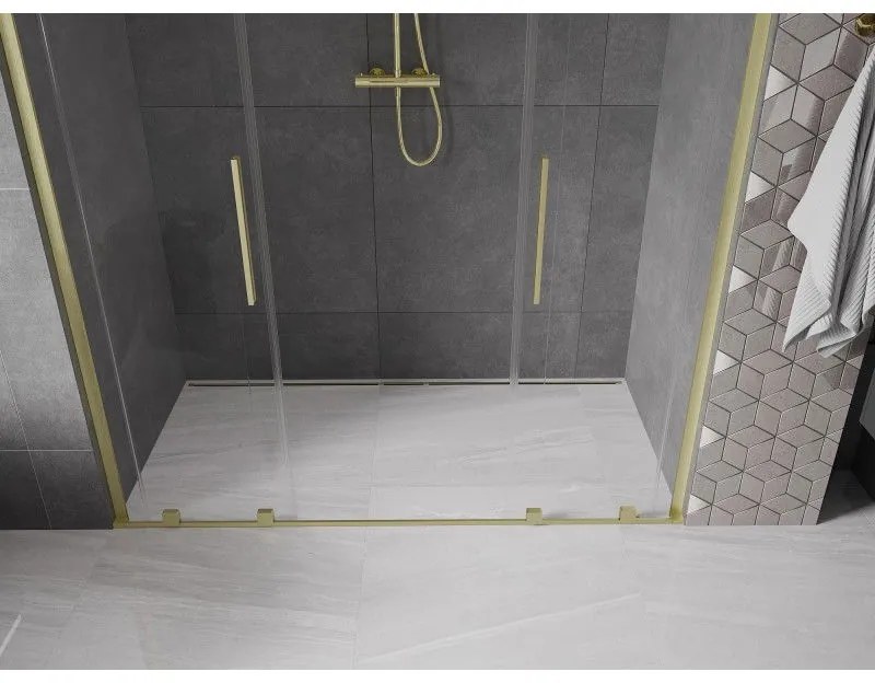 Mexen Velar L Duo, posuvné sprchové dvere do otvoru 200 cm, 8mm číre sklo, zlatá matná, 871-200-003-02-55