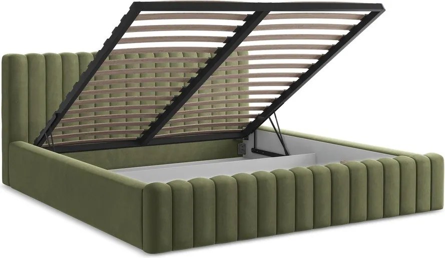 Zelená čalúnená dvojlôžková posteľ s úložným priestorom s roštom 180x200 cm Lemi – Makamii