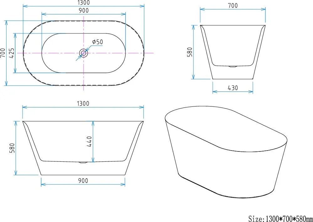 Erga Rhea, voľne stojaca vaňa 130x70 cm + odtoková zátka, biela lesklá, ERG-RHEA-130070-WH-WH