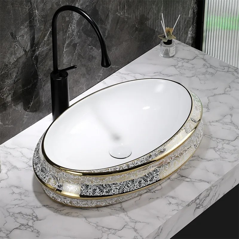 BPS-koupelny Keramické umývadlo na dosku HYD-YO-WH-MOD5-GL-600 60x40 cm, biele/zlatý dekor