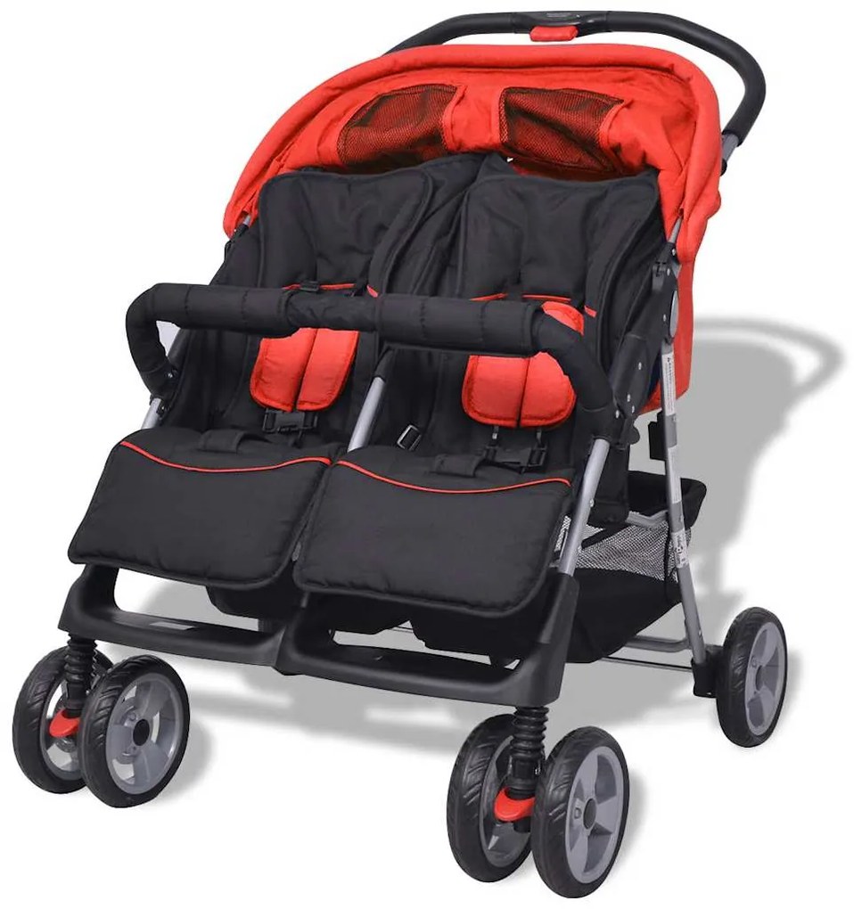 Oceľový kočík pre dvojičky, červeno-čierny