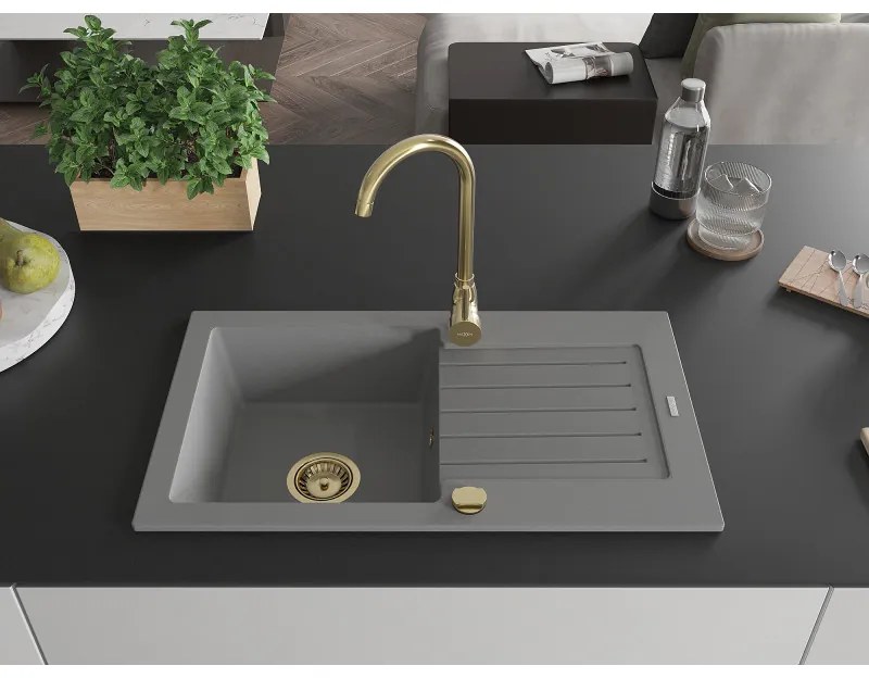Mexen Pablo, granitový drez 752x436x161 mm, 1-komorový a zlatá batéria Telma, šedá, 6510-71-670200-50