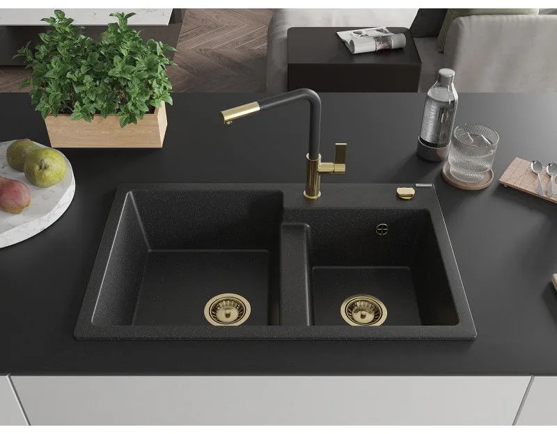 Mexen Tomas, 2-komorový granitový drez 800x500x190 mm a drezová batéria Flora, čierna-strieborná metalíza, 6516-73-670401-57-G