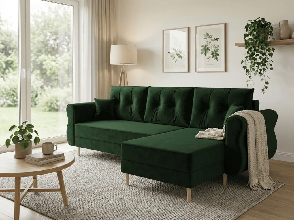 Rozkladacia obojstranná sedacia súprava do L SILVIANO 230x140 cm, tmavozelená