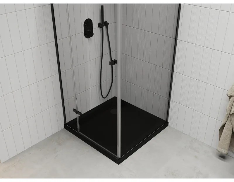 Mexen Roma, sprchovací kút s 1-krídlovými dverami 90 (dvere) x 90 (stena) cm, 6mm číre sklo, čierny profil, slim sprchová vanička 5cm čierna s čiernym sifónom, 854-090-090-70-00-4070B