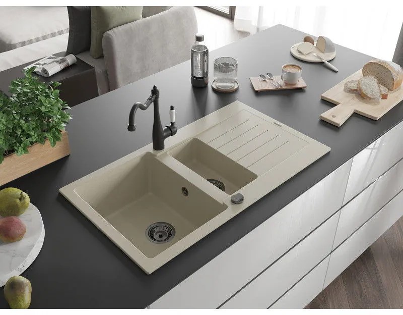 Mexen Matias, granitový drez 900x505x200 mm, 1,5-komorový a drezová batéria Carla, béžová, 6502-69-670700-70