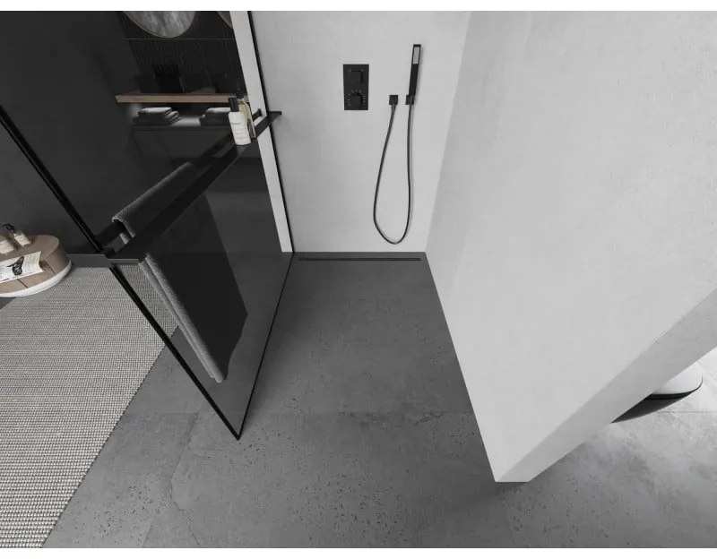 Mexen Kioto+ L, sprchová zástena Walk-In s poličkou a vešiakom 50 x 200 cm, 8mm číre sklo čierny vzor, čierny profil, 800-050-123-70-70
