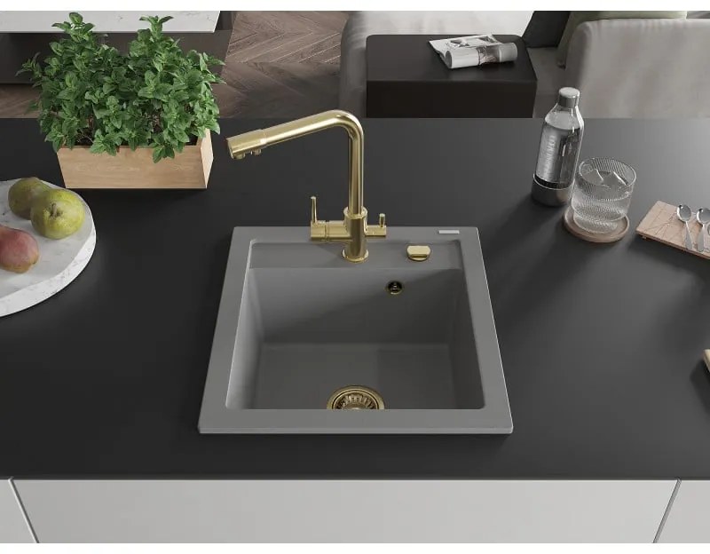 Mexen Vito, 1-komorový granitový drez 520x490x210 mm, zlatá batéria Duero, šedá, 6503-71-671600-50