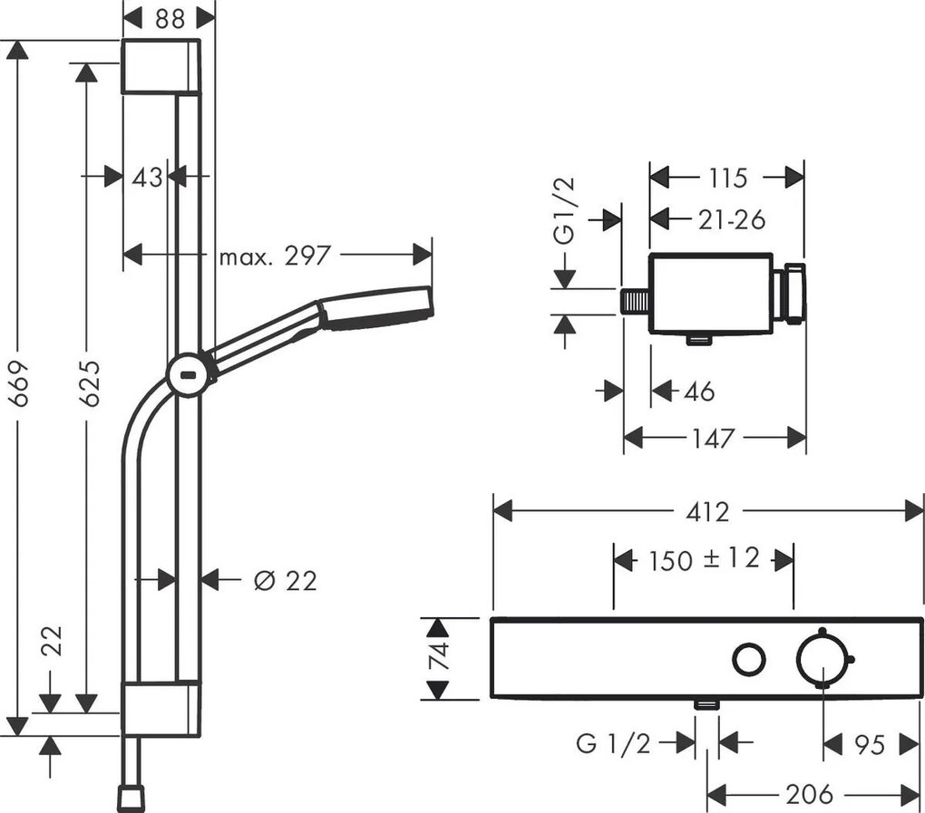 Hansgrohe Pulsify Select S, sprchová súprava 105 3jet Relaxation s termostatom, sprchovou tyčou 65 cm, chrómová, HAN-24260000