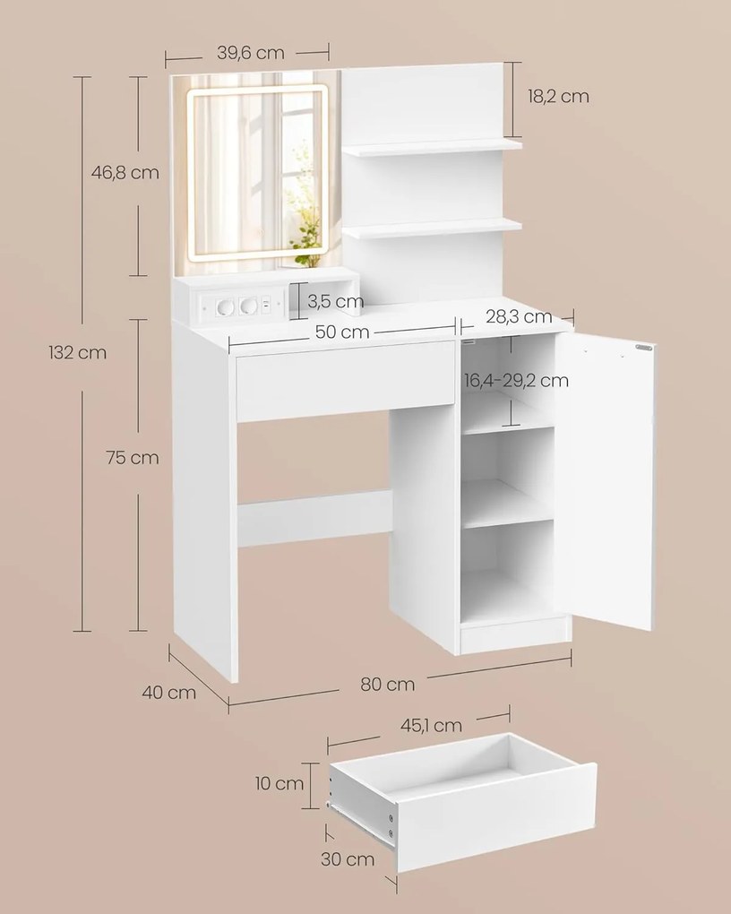 Toaletný stolík Vasagle Cimo so zrkadlom a LED osvetlením 80 cm biely